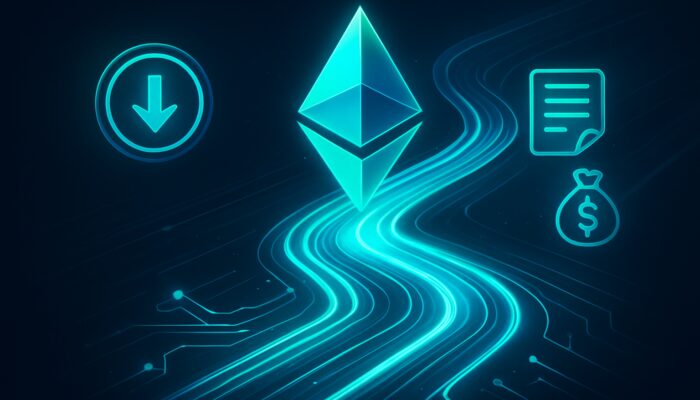 Neon blue-green visualisation showing declining Ethereum gas fees through optimised glowing blockchain pathways.