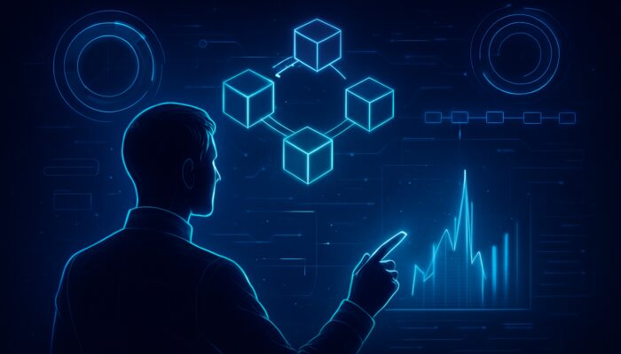 Futuristic analyst examining holographic blockchain charts for gas fee spikes amidst neon cyber timelines