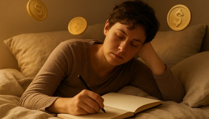 Creating Compassionate Repayment Plans During Illness: Guidance | DCL Exhausted individual resting in bed drafting a gentle debt repayment strategy in a journal with warm golden light