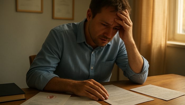 Creating Compassionate Repayment Plans During Illness: Guidance | DCL Concerned individual at a sunlit desk with medical certificates, bills, and letter requesting creditor relief