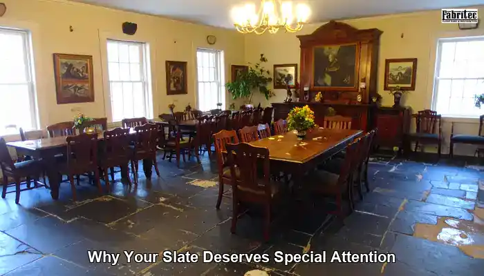 Uneven slate floor with varied texture, colour, and natural surface clefts