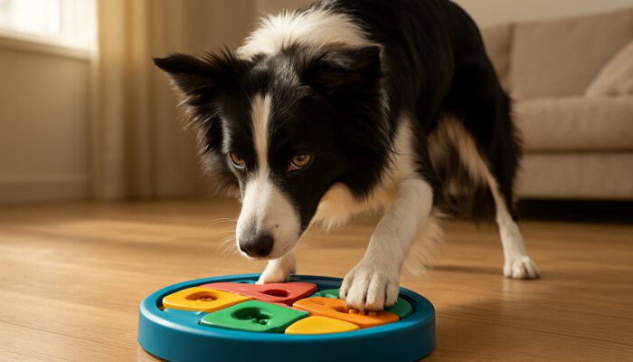 Border collie focused on colourful puzzle toy in sunlit living room, showcasing intelligence and energy.