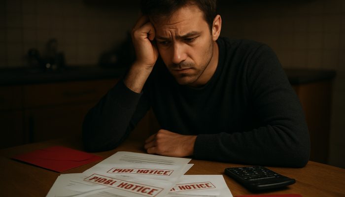 Signs Support Is Harming Your Finances: Identify The Risks | DCL Concerned individual at dim table with overdue gas, electricity and water bills stamped final notice