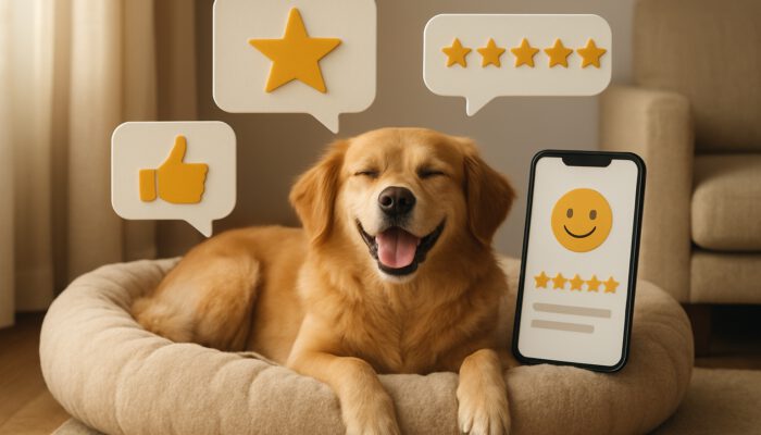 Happy dog relaxing on plush pet bed surrounded by floating reviews, star ratings, and smartphone feedback.