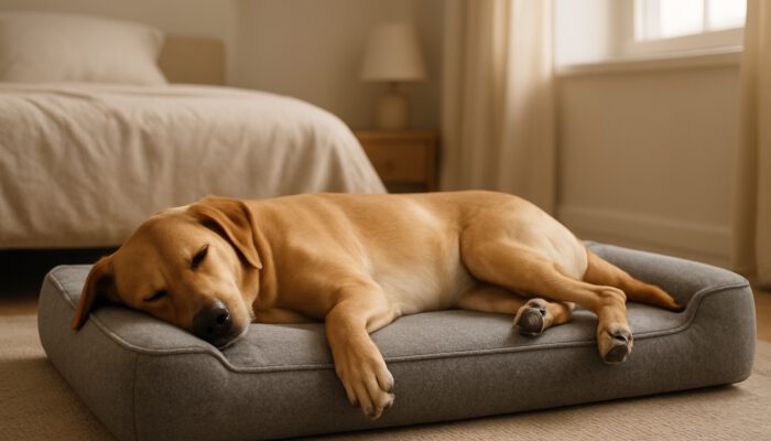 Calm dog resting on supportive high-density foam pet bed in a cosy bedroom.