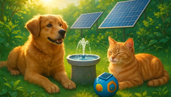 Dog and cat enjoying relaxation with solar-powered pet gadgets in a sunny eco-friendly garden featuring solar panels.