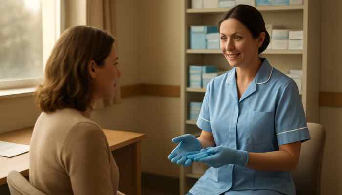 Friendly nurse advising patient on sterile gloves in warm British GP clinic with NHS shelves.