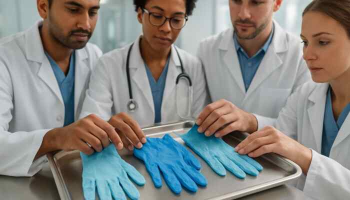 Diverse medical pros examining vibrant sterile nitrile, latex, and vinyl gloves on tray