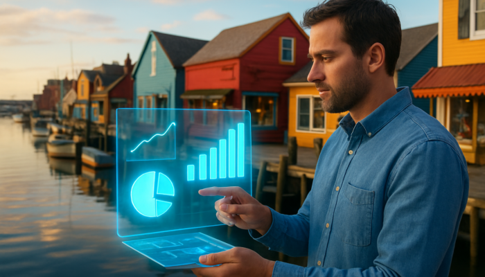 Business owner in Gloucester harbor viewing holographic charts of page views, bounce rates, and shares