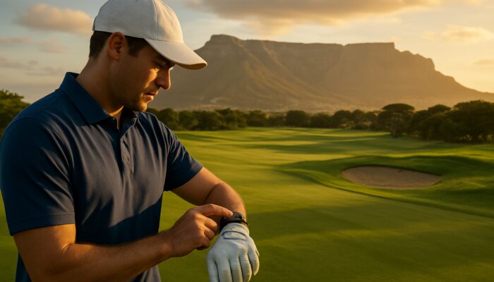 Golfer monitoring real-time statistics on smartwatch with Table Mountain in the backdrop in Cape Town