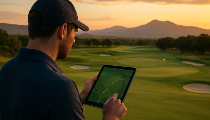 Focused golfer analysing statistics on tablet at Pretoria Country Club fairway with mountains in the background during dusk