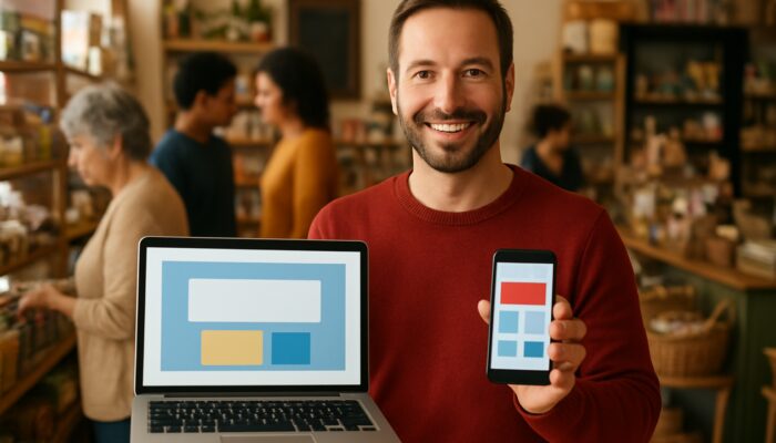 Shop owner in Tidworth demonstrating a mobile-optimised website on a laptop while engaging with customers on a smartphone.