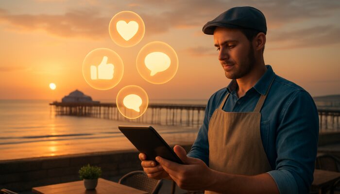 Café owner reviews impressive social media performance metrics on tablet above Weston-super-Mare pier at sunset