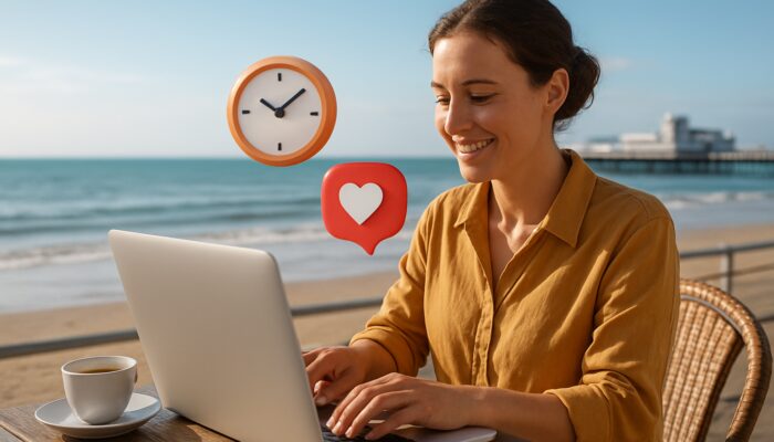 Small business owner organising social media content on a laptop at a Weston-super-Mare seaside café