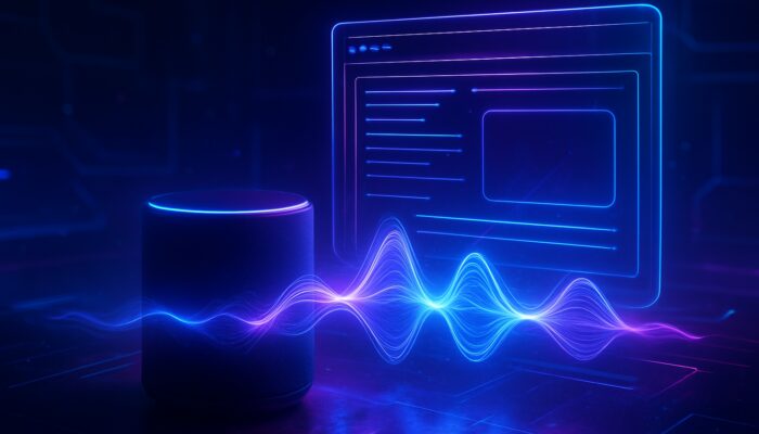 A cyberpunk voice assistant emitting glowing sound waves towards a holographic website interface for voice search SEO.