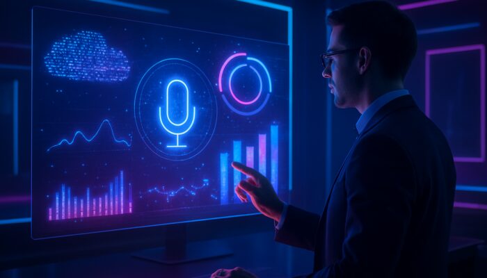 A futuristic marketer analysing holographic voice search trends and keyword clouds on a digital dashboard