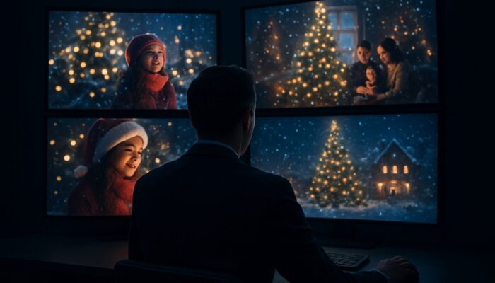 Strategist analysing festive holiday video campaigns and metrics on illuminated screens in a dimly lit room.