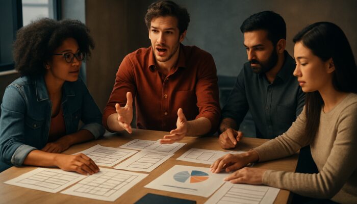 Diverse creative team planning brand video with storyboards and budget charts illuminated in cinematic lighting.
