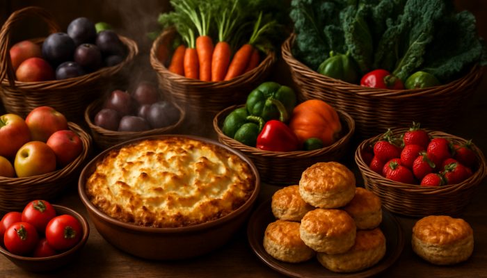 Celebrating Milestones Safely and Economically: UK Tips | DCL A rustic table displaying steaming shepherd’s pie, golden scones, and baskets filled with seasonal British fruits and vegetables.