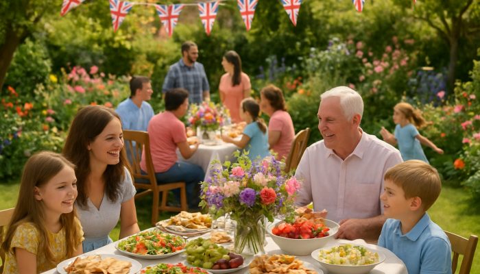 Celebrating Milestones Safely and Economically: UK Tips | DCL Families enjoying a lively British garden party adorned with floral centrepieces and catering platters for milestone celebrations.