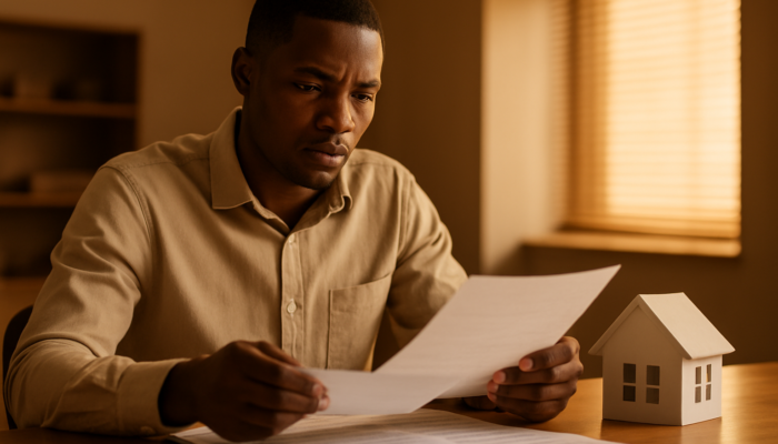 Determined South African applicant reviewing payslips and contracts for home loan at bank.