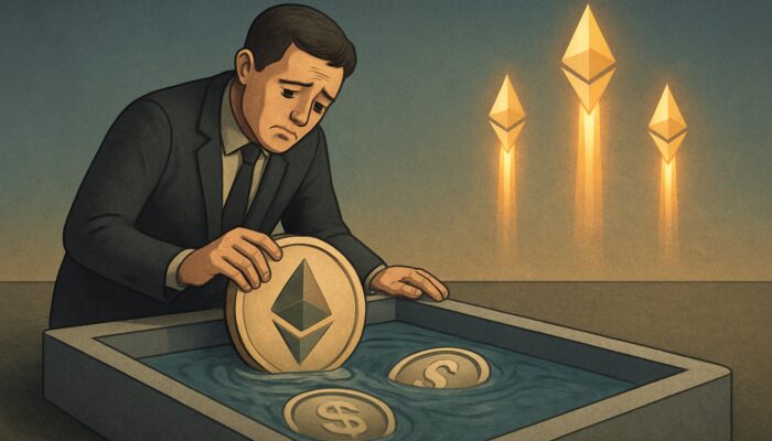 Investor appearing distressed while withdrawing faded ETH-USDC tokens as glowing Ethereum rockets skyward, illustrating impermanent loss.