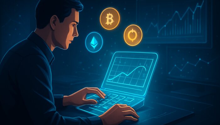 Trader entering crypto data into a glowing holographic impermanent loss calculator with floating tokens and charts