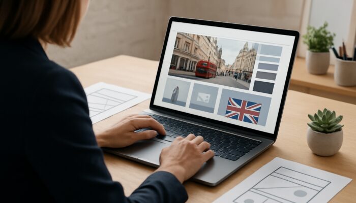 Designer crafting sleek WordPress site with British aesthetics on laptop in Marlborough studio