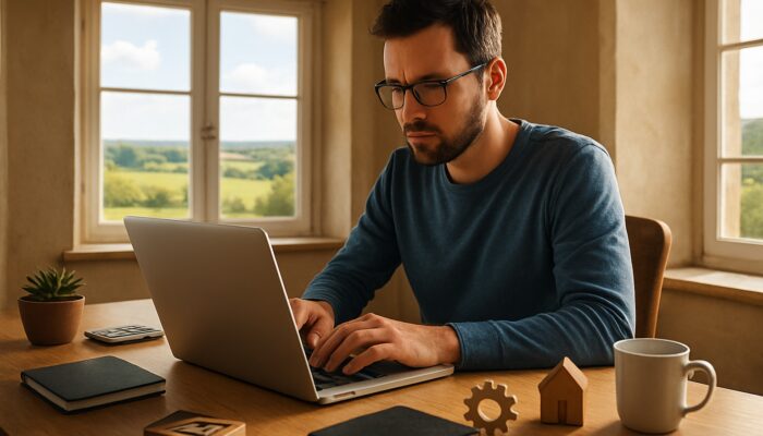 Writer composing blog posts on laptop in sunlit Patchway cottage with views of Gloucestershire countryside and small business icons