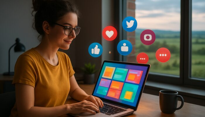 Patchway entrepreneur creates a vibrant WordPress blog on a laptop with floating social media icons overlooking the UK countryside