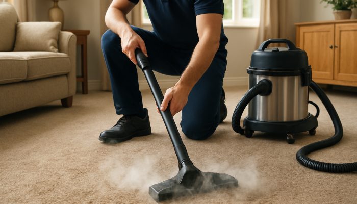 Professional steam cleaning carpet in cosy Tintinhull home, lifting pet fur and deep stains with vacuum nearby.