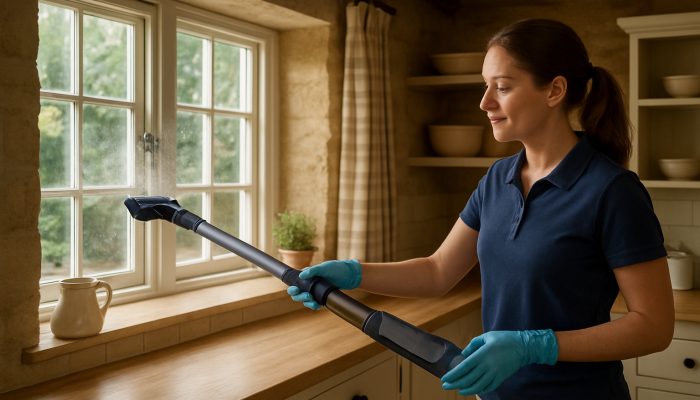 Cleaner using lightweight vacuum and microfiber cloths dusting windows in cosy Tintinhull cottage.
