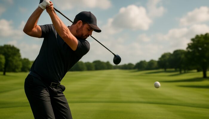 Golfer striking a low-spin golf ball soaring straight over a lush fairway, showcasing enhanced distance and control.