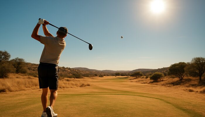 Golfer swings a low-spin ball on a sun-baked South African course beneath a blazing summer sky.